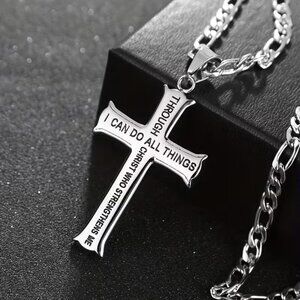 Silver Christian Cross Necklace Philippians 4:13 Stainless Steel Faith Jewelry